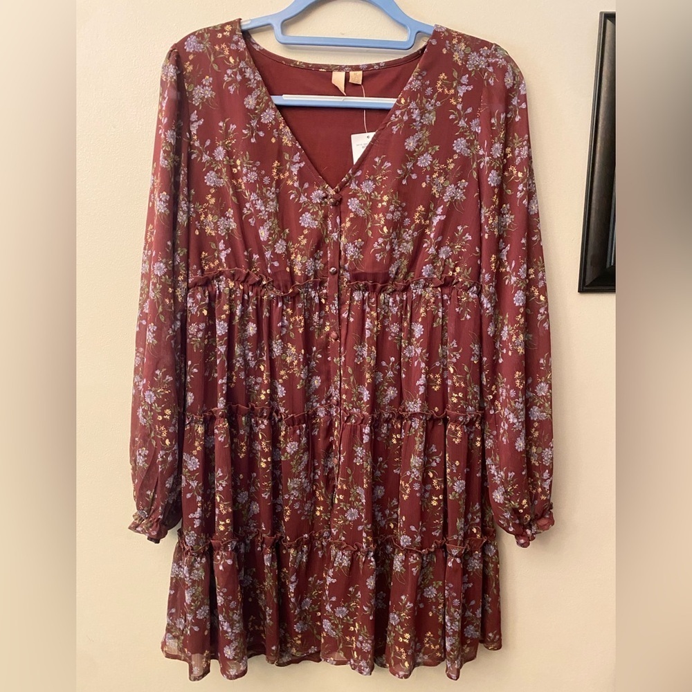 Inspired Hearts Floral Tiered Babydoll Dress Floral Long Sleeve Dress 🆕 - Picture 2 of 13
